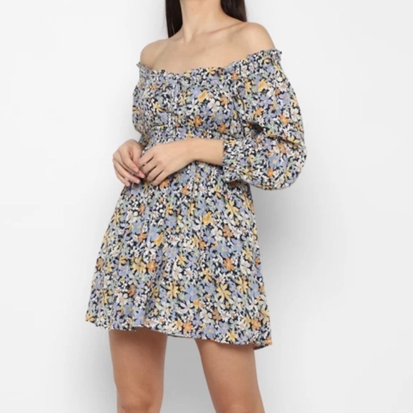 American Eagle Outfitters Dresses & Skirts - AEO Blue Yellow Floral Smocked Prairie Off the Shoulder Long Sleeve Mini Dress M